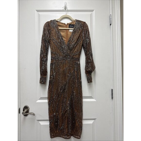 MAC DUGGAL Size 0 Brown 5295 BEADED LONG SLEEVE MIDI COCKTAIL Party DRESS  New - Picture 4 of 11